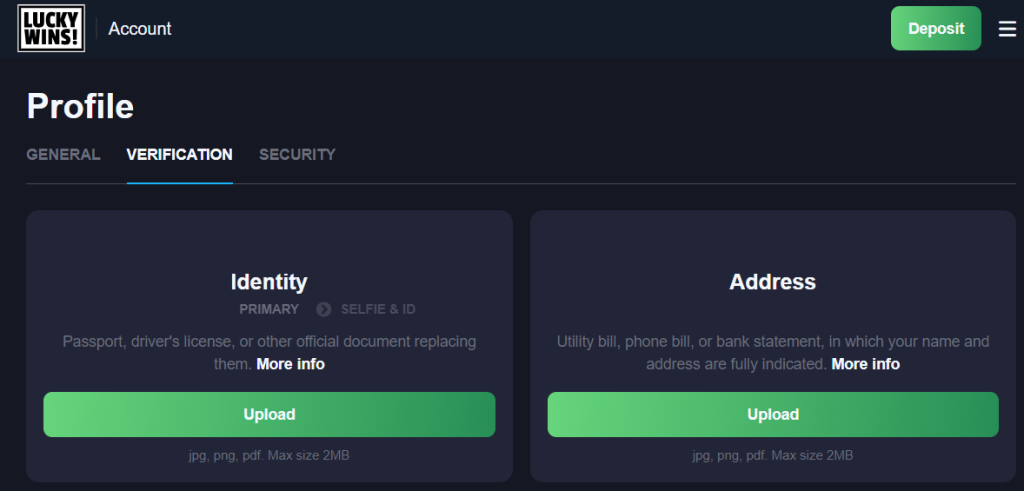 Verification after LuckyWins Login