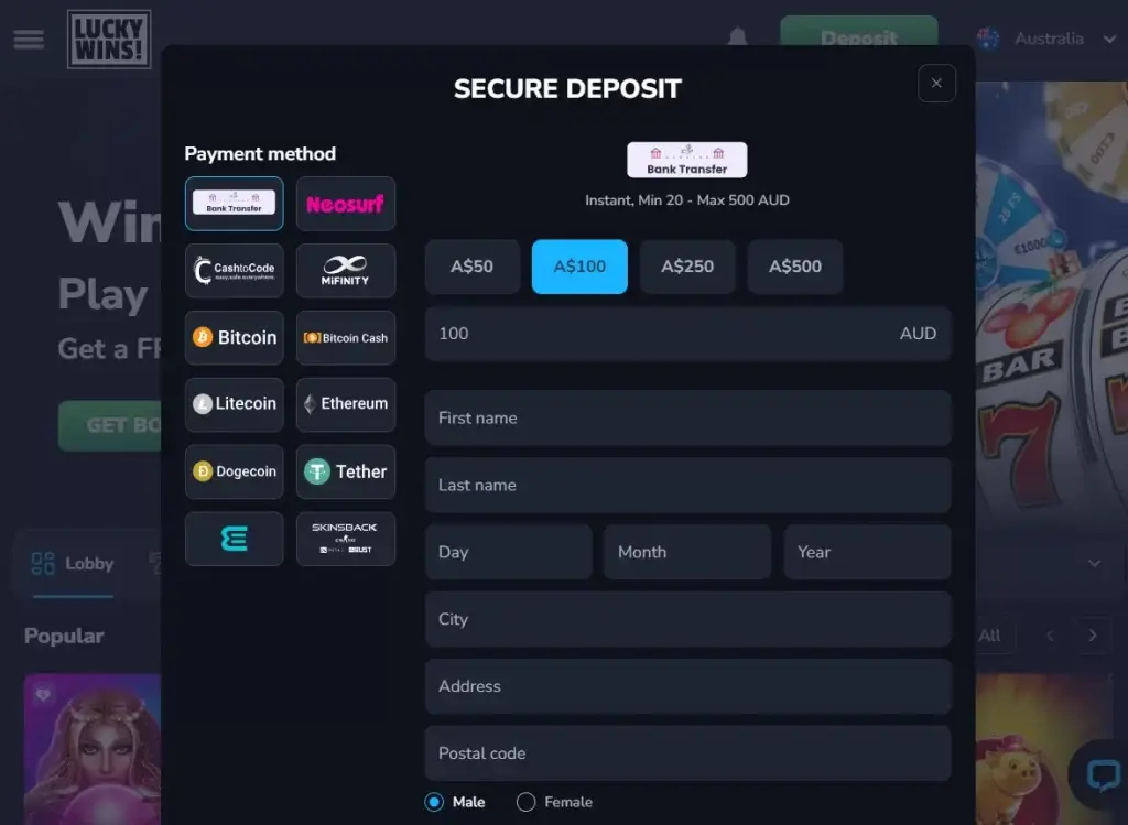 LuckyWins Deposit Page